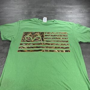 Realtree Camo‎ Shirt Women Medium Green Orange USA Flag Logo Outdoor Hunting
